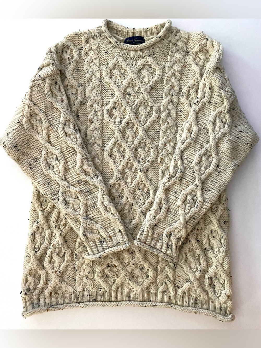 Vintage PAUL JAMES Handknit Oatmeal Aran Cable Fisherman Sweater Small